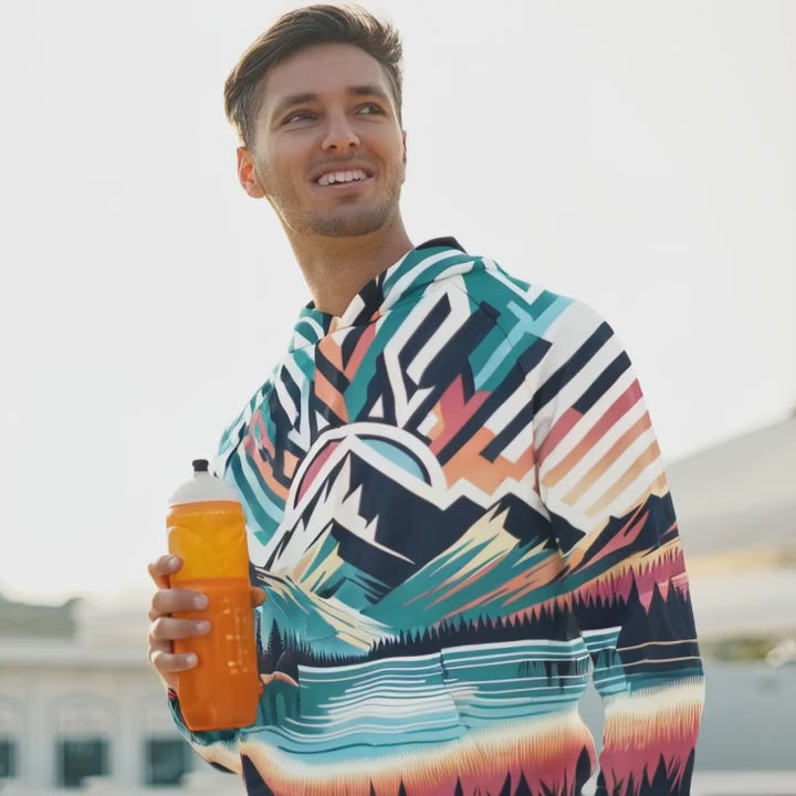 Load video: Colorful Mountain Hoodie Unisex Pullover, Retro Sunset Landscape All-Over Print
